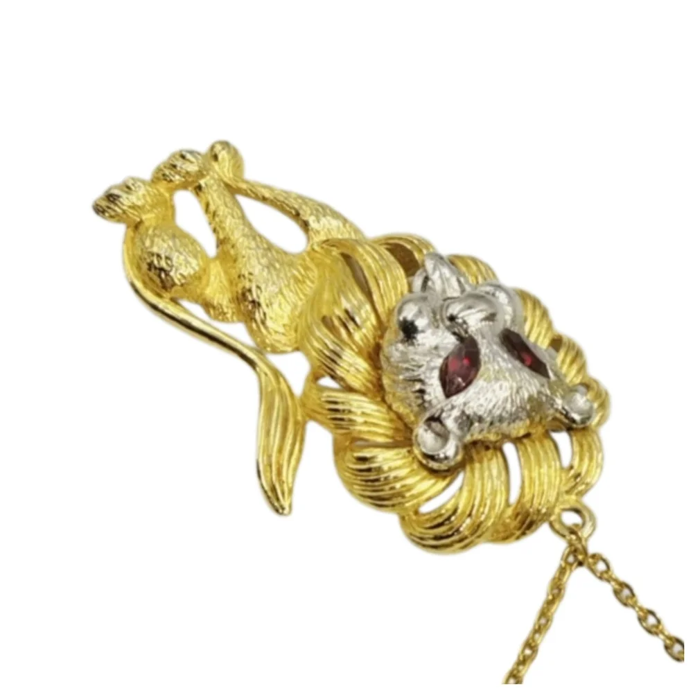 Gold & Silver Tone Lion Pendant Necklace w/ Red Eyes 28